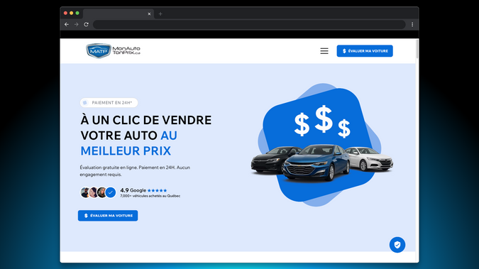MATP: Mon Auto Ton Prix helps people sell their car directly—quickly and without stress. The homepage explains everything in simple steps: how it works, what you’ll need, timing, and what happens after you submit.

 A friendly, step-by-step form asks only the essentials, so it’s fast to fill out and gives the team exactly what they need to make a fair, confident offer. 

The layout is clean, mobile-friendly, and focused on trust and clarity, so visitors know they’re in good hands. 

In the first month after launch, the business saw 40% more inquiries than with their old static website—proof that clear information and a smooth form make selling your car easier for everyone.

----------------------------------------------------
VERSION FR : 

Mon Auto Ton Prix permet de vendre son véhicule directement—rapidement et sans stress. La page d’accueil explique tout en étapes simples : comment ça marche, quoi préparer, les délais et ce qui se passe après l’envoi. 

Le formulaire, convivial et étape par étape, ne pose que les questions essentielles : il se remplit vite et donne à l’équipe exactement ce qu’il faut pour faire une offre juste et en toute confiance.

 Le design est épuré, adapté au mobile et centré sur la clarté, pour inspirer confiance dès la première visite. 

Dès le premier mois, l’entreprise a enregistré +40 % de demandes vs l’ancien site statique—preuve qu’une information claire et un formulaire fluide facilitent la vente pour tout le monde.