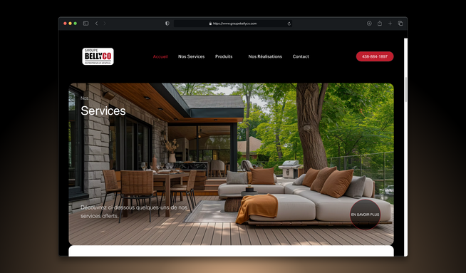 Groupe Bellyco: On the Groupe Bellyco website, I focused on crafting a professional and accessible design to clearly outline the company's specialized services in patio and balcony construction. Key elements include a clean, structured layout with intuitive navigation that directs visitors effortlessly to service descriptions, company values, and contact information. The website also features a responsive design to ensure a seamless experience on both desktop and mobile devices, along with visually appealing imagery that highlights the quality and detail of the workmanship.