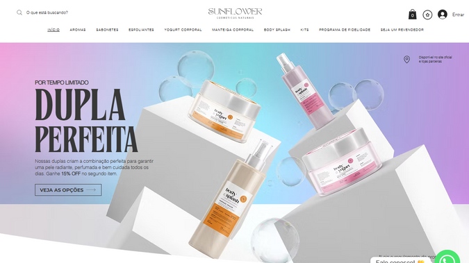 Sunflower Cosméticos: Desenvolvimento integral do e-commerce da Sunflower Cosméticos, com foco em performance visual, usabilidade e fidelização de clientes.

🔹 Webdesign com UX estratégico
Interface intuitiva, responsiva e alinhada à identidade visual da marca.
Navegação fluida e arquitetura pensada para conversão em todas as etapas da jornada de compra.

📸 Produção visual completa
Fotografia real e 3D dos produtos, com edição profissional e foco em realismo e apelo visual.
Criação de banners promocionais e gráficos para campanhas e destaques.

🛒 Funcionalidades avançadas
Programa de fidelidade integrado, incentivando recompra e engajamento do cliente.
Cadastramento inteligente de catálogo, com organização estratégica e apresentação clara dos produtos.
Checkout otimizado com experiência fluida até o envio, garantindo uma jornada de compra confiável e eficiente.