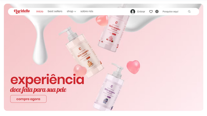 Claridelle Cosméticos: Desenvolvimento completo do e-commerce da Claridelle, marca de cosméticos que prioriza estética, confiança e usabilidade. O projeto envolveu:

Webdesign responsivo com foco em conversão e navegação intuitiva;

SEO estratégico para ranqueamento orgânico e performance técnica;

Criação gráfica e animações para banners e comunicações promocionais;

Fotografia 3D realista dos produtos, valorizando cada item com apresentação profissional e atraente.

O resultado é uma loja virtual impactante, com forte apelo visual, experiência fluida e estrutura escalável para crescimento digital.