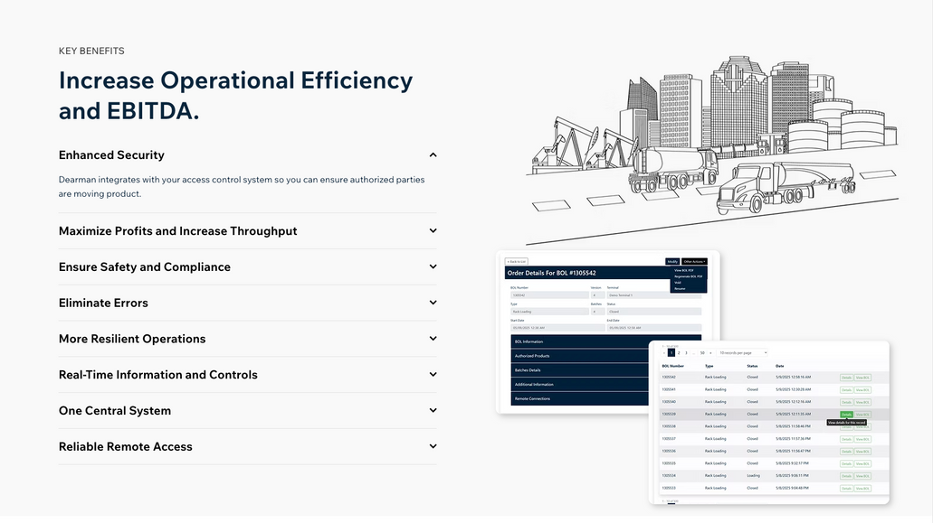 Dearman Systems: A global leader in automation technology, Dearman Systems has provided mission critical software solutions to the bulk liquids storage industry since 1988. This engagement included development of a custom Wix-Studio website that will function as an advanced sales tool to showcase their product capabilites.
