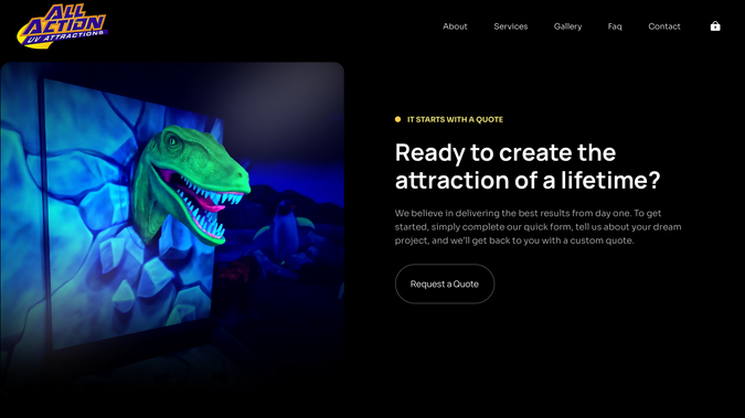 UV Attractions: Immersive Entertainment Website: UV Attractions: Immersive Entertainment Website
Illustrated Domain reimagined UV Attractions’ online presence into a bold, conversion-focused showcase for blacklight mini golf, laser tag, and custom themed builds. Built in Wix Studio, the site pairs high-impact visuals with clear storytelling—galleries for recent installations, service pages tailored to Mini Golf and Laser Tag, and persuasive CTAs that guide prospects toward scoping and quotes. We supplied sitewide copy (About, Services, FAQs/Process, Legal) and structured content to highlight craftsmanship, reliability, and the brand’s 20+ years of experience.

Built for leads, speed, and easy updates
To simplify sales, we designed quote workflows and pricing forms (with conditional logic and printable summaries), plus a “Team Access” intake route for faster collaboration. The layout is video-ready across hero and section blocks, optimized for desktop and mobile, and backed by organized galleries and contact forms. We prepared launch assets, trained the client team, and left a scalable foundation that makes adding new projects, media, and upsell options straightforward.

Services Provided:
Website Strategy & UX • Custom Wix Studio Design & Build • Sitewide Copywriting (About, Services, FAQs/Process, Legal) • Quote & Pricing Forms (conditional logic, PDF output) • Galleries & Media-ready Sections (video support) • Responsive & Performance QA • Contact & Intake Forms with Conditional Logic • Information Architecture & CTAs • Launch Readiness & Client Training • Optional Offline Shop Setup & SEO Baseline