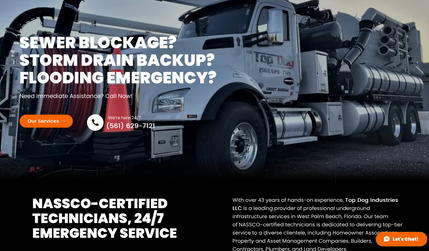 Top Dog Industries — Municipal & Industrial Services Website : Top Dog Industries — Municipal & Industrial Services Website 
We rebuilt Top Dog’s online presence from the ground up—turning a dated brochure site into a fast, trustworthy sales tool for municipal, industrial, and commercial clients. The new Wix Studio build pairs no-nonsense visuals with clear, credibility-driven messaging tailored to emergency response, pipe cleaning/televising, hydro excavation, storm-drain maintenance, and rehabilitation services. We streamlined the user journey around “call now” and “request service” actions, surfaced the 24/7 emergency line across key pages, and added proof points that speak to experience, certifications, and speed.

Behind the scenes, we handled the heavy lifting: writing all site copy, implementing form routing to multiple recipients, integrating WhatsApp/live chat, and launching with clean URL structure and 301s to preserve search equity. Terms, Privacy, and compliance content were drafted and styled for clarity; responsive QA ensured the site looks sharp in the field on phones; and we trained the team to self-manage updates. The result is a lean, credible site that gets inquiries in the door—and holds up under real-world, time-critical use.

Services Provided
Full website redesign and build (Wix Studio)
Complete copywriting for all pages (service, About, Contact, Legal)
Conversion UX: emergency CTAs, quote/request flows, header/footer contact patterns
WhatsApp/live chat integration and multi-recipient contact form routing
Launch support: plan reassignment, domain configuration, and 301 redirects
SEO foundations: metadata setup, clean URLs, redirect mapping, basic analytics guidance
Image curation/support and video guidance
Mobile/responsive QA and performance tuning
Client training and post-launch support
