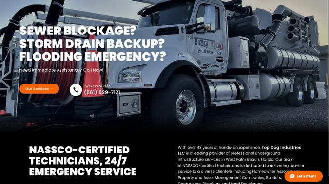 Top Dog Industries — Municipal & Industrial Services Website : Top Dog Industries — Municipal & Industrial Services Website 
We rebuilt Top Dog’s online presence from the ground up—turning a dated brochure site into a fast, trustworthy sales tool for municipal, industrial, and commercial clients. The new Wix Studio build pairs no-nonsense visuals with clear, credibility-driven messaging tailored to emergency response, pipe cleaning/televising, hydro excavation, storm-drain maintenance, and rehabilitation services. We streamlined the user journey around “call now” and “request service” actions, surfaced the 24/7 emergency line across key pages, and added proof points that speak to experience, certifications, and speed.

Behind the scenes, we handled the heavy lifting: writing all site copy, implementing form routing to multiple recipients, integrating WhatsApp/live chat, and launching with clean URL structure and 301s to preserve search equity. Terms, Privacy, and compliance content were drafted and styled for clarity; responsive QA ensured the site looks sharp in the field on phones; and we trained the team to self-manage updates. The result is a lean, credible site that gets inquiries in the door—and holds up under real-world, time-critical use.

Services Provided
Full website redesign and build (Wix Studio)
Complete copywriting for all pages (service, About, Contact, Legal)
Conversion UX: emergency CTAs, quote/request flows, header/footer contact patterns
WhatsApp/live chat integration and multi-recipient contact form routing
Launch support: plan reassignment, domain configuration, and 301 redirects
SEO foundations: metadata setup, clean URLs, redirect mapping, basic analytics guidance
Image curation/support and video guidance
Mobile/responsive QA and performance tuning
Client training and post-launch support
