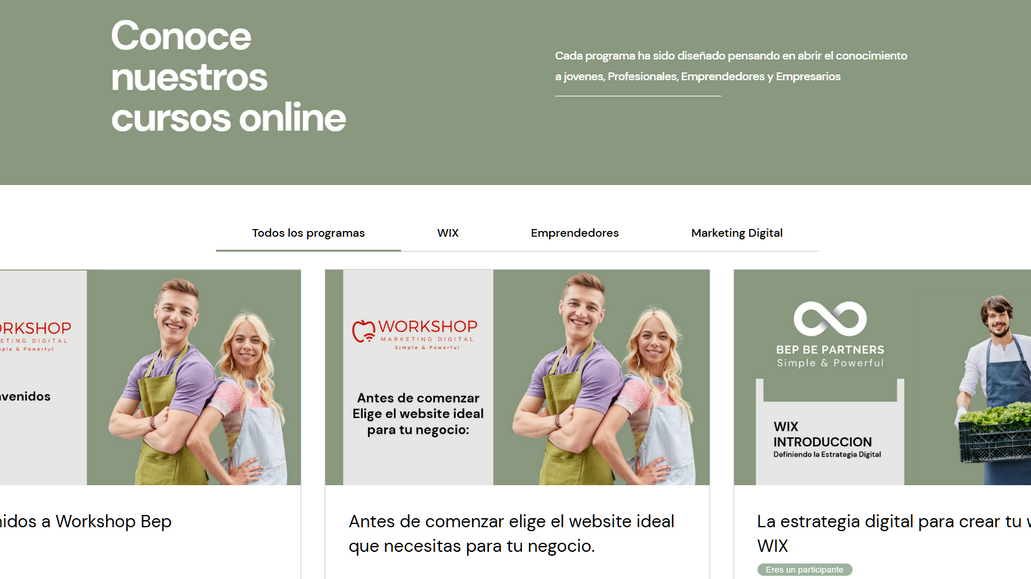 WorkshopBEP – Formación Creativa con Presencia Digital: Contexto:
WorkshopBEP necesitaba un espacio digital moderno, funcional y fácil de autogestionar para dar a conocer su oferta de talleres y cursos creativos, atrayendo tanto a estudiantes como a empresas interesadas en capacitaciones.

Solución:
Diseñamos un sitio web en Wix con navegación clara, enfoque en la experiencia del usuario y optimización para buscadores. Se integró un sistema de inscripciones online y un diseño adaptable que transmite la identidad fresca y profesional de la marca.

Resultado:
Hoy WorkshopBEP cuenta con una plataforma que potencia su visibilidad online, facilita la gestión de sus cursos y proyecta su propuesta educativa de forma moderna y confiable.

🇬🇧 English

WorkshopBEP – Creative Training with a Digital Presence

Context:
WorkshopBEP needed a modern, functional, and easy-to-manage digital platform to showcase its creative workshops and courses, attracting both students and companies interested in training programs.

Solution:
We designed a Wix website with a clear navigation structure, user-centered experience, and SEO optimization. The platform includes an online registration system and a responsive design that reflects the brand’s fresh and professional identity.

Result:
Today, WorkshopBEP has a platform that enhances its online visibility, simplifies course management, and presents its educational offering in a modern and reliable way.