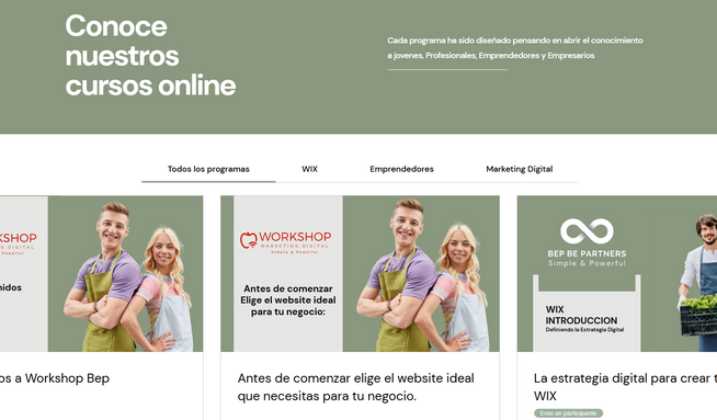 WorkshopBEP – Formación Creativa con Presencia Digital: Contexto:
WorkshopBEP necesitaba un espacio digital moderno, funcional y fácil de autogestionar para dar a conocer su oferta de talleres y cursos creativos, atrayendo tanto a estudiantes como a empresas interesadas en capacitaciones.

Solución:
Diseñamos un sitio web en Wix con navegación clara, enfoque en la experiencia del usuario y optimización para buscadores. Se integró un sistema de inscripciones online y un diseño adaptable que transmite la identidad fresca y profesional de la marca.

Resultado:
Hoy WorkshopBEP cuenta con una plataforma que potencia su visibilidad online, facilita la gestión de sus cursos y proyecta su propuesta educativa de forma moderna y confiable.

🇬🇧 English

WorkshopBEP – Creative Training with a Digital Presence

Context:
WorkshopBEP needed a modern, functional, and easy-to-manage digital platform to showcase its creative workshops and courses, attracting both students and companies interested in training programs.

Solution:
We designed a Wix website with a clear navigation structure, user-centered experience, and SEO optimization. The platform includes an online registration system and a responsive design that reflects the brand’s fresh and professional identity.

Result:
Today, WorkshopBEP has a platform that enhances its online visibility, simplifies course management, and presents its educational offering in a modern and reliable way.