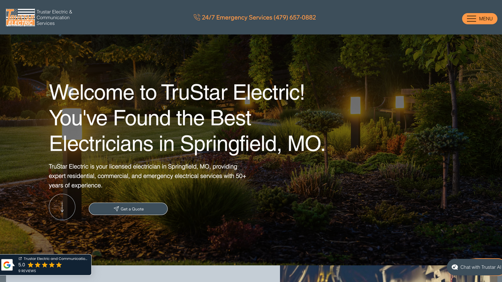 Trustar Electric: The TruStar Electric website was built in Wix Studio with a modern, responsive design that highlights their residential, commercial, industrial, and 24/7 emergency electrical services. We created a streamlined site structure with clear service pages, an FAQ section, testimonials, and a blog for ongoing SEO value. Strong calls-to-action, quote request forms, and a 24/7 contact feature make it easy for customers to connect. The site is fully optimized for local SEO, ADA-compliant, and designed to reflect TruStar’s reputation as trusted electricians in Springfield, MO.