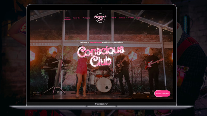 Conscious Club - Award Winning Wedding Band: Conscious Club reached out to us to refresh their website with a clean, professional design ahead of their new marketing campaign promoting their Ultimate Package band offering.

To bring their vision to life, we developed bespoke sections and preloaders using custom CSS, JavaScript, and 3D elements. The main goal was to draw attention to the band and their videos, so we designed the site with a bold aesthetic that naturally guides users toward engaging with their content.

In addition, we crafted custom details including interactive cursors, a favicon, search bar icons, and social share image- enhancing both functionality and brand identity across the site.