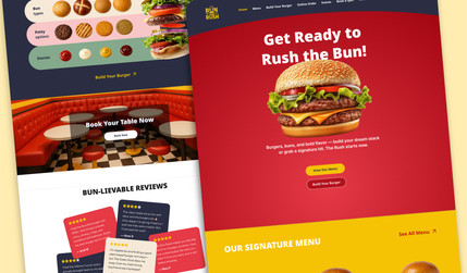 The Bun rush: Our Bun Rush template for a fun cool burger restaurant.
Setup for online ordering, tabel reservations and events.
Everything from online menus, newsletters and a cool Burger configurator.
We have used everything within Wix restaurants, webshop and events and it is ready for launch with all the right tools to accelerate your restaurant.