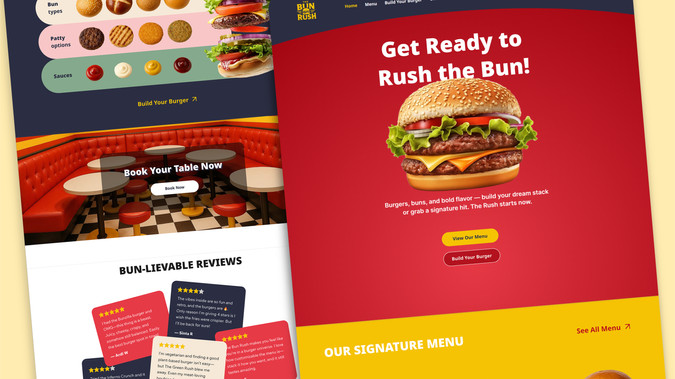 The Bun rush: Our Bun Rush template for a fun cool burger restaurant.
Setup for online ordering, tabel reservations and events.
Everything from online menus, newsletters and a cool Burger configurator.
We have used everything within Wix restaurants, webshop and events and it is ready for launch with all the right tools to accelerate your restaurant.