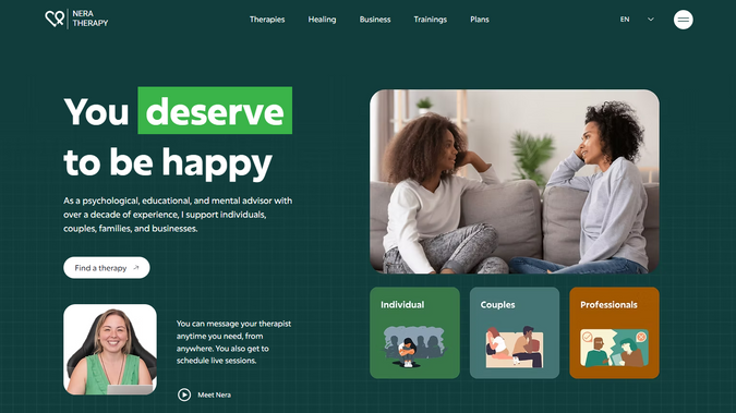 Nera Therapy: We have completed a design work for Certified Therapist Nera. Bookings, online store, podcasts, sharable custom files, and many pages. Multilingual website in three languages.