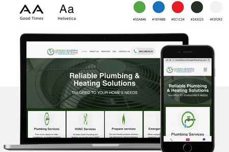 Green Earth: Green Earth Plumbing & Heating approached us with the goal of improving their online presence while maintaining their recognizable branding. The project focused on integrating their bold "Good Times" logo font with the modern elegance of "Helvetica" to create a professional yet approachable site. We utilized the green shades from their logo’s palette to maintain a cohesive visual identity while providing contrast for readability. Subtle animations were added to engage users without overwhelming the interface, ensuring a seamless and smooth browsing experience.
​
To boost credibility and trust, we showcased the company’s projects in a gallery and integrated customer reviews from "Housecall software." These features, along with strategically placed fill-out forms, helped streamline inquiries and increase lead generation. The outcome was a sleek, user-friendly website that not only aligned perfectly with Green Earth’s brand but also enhanced SEO visibility, resulting in improved customer engagement and an overall stronger online presence.