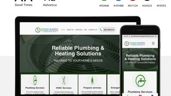 Green Earth: Green Earth Plumbing & Heating approached us with the goal of improving their online presence while maintaining their recognizable branding. The project focused on integrating their bold "Good Times" logo font with the modern elegance of "Helvetica" to create a professional yet approachable site. We utilized the green shades from their logo’s palette to maintain a cohesive visual identity while providing contrast for readability. Subtle animations were added to engage users without overwhelming the interface, ensuring a seamless and smooth browsing experience.
​
To boost credibility and trust, we showcased the company’s projects in a gallery and integrated customer reviews from "Housecall software." These features, along with strategically placed fill-out forms, helped streamline inquiries and increase lead generation. The outcome was a sleek, user-friendly website that not only aligned perfectly with Green Earth’s brand but also enhanced SEO visibility, resulting in improved customer engagement and an overall stronger online presence.