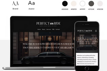 Perfect Ride LLC: Perfect Ride LLC approached us with the objective of establishing a strong brand identity and enhancing their online presence. We began by developing a refined and professional brand identity, selecting the serif font "Brand" and sans-serif font "Avenir" for a classic yet contemporary feel. A sophisticated color palette of black, white, and light beige cream was chosen to evoke elegance and trustworthiness, while the sleek, minimalist logo represented movement and transportation. This cohesive branding laid the foundation for a memorable identity that resonated with their target audience.
​
For the website design, we crafted a clean and intuitive layout that aligned with the brand’s modern aesthetic. High-quality images of luxury vehicles and drivers were integrated to appeal to their clientele, while consistent use of brand colors and typography ensured a seamless experience. The simplified booking process improved user satisfaction, leading to increased inquiries and a noticeable rise in bookings. Since launch, Perfect Ride LLC has seen a significant boost in both website traffic and revenue, positioning them as a top choice in luxury transportation.
