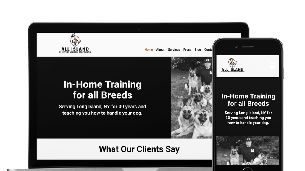 All Island K9 Services: All Island K9 Services needed a refreshed brand identity and website design to align with their mission of providing personalized canine training solutions. The branding was carefully crafted, using black and beige tones to convey professionalism and warmth, while the typography blended elegant serif headings with modern sans-serif body text, achieving a refined and approachable look. The minimalist logo symbolized both canine training and home comfort, creating a strong connection with their audience. Visual elements such as subtle dog imagery added a relatable touch, while the tone and voice were tailored to be both friendly and authoritative, building trust with potential clients.
​
The website revamp followed these brand principles, focusing on a clean and intuitive layout to enhance the user experience. Consistent use of the black and beige color palette maintained brand cohesion, while the responsive design ensured seamless browsing on mobile devices. Key services, client testimonials, and contact information were prominently displayed, allowing users to easily navigate and find the information they needed. Overall, the design aimed to enhance All Island K9's online presence, clearly communicate their services, and attract clients seeking professional and personalized canine training solutions.