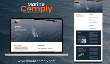 Marine Comply: A professional website built for Marine Comply, a consultancy specialising in maritime safety, compliance, and management systems. The site presents a clear and authoritative design, showcasing their wide range of services from SMS design and risk assessments to training and regulatory advice. With a streamlined layout, bold use of brand colours, and easy-to-navigate service sections, the website reflects trust, expertise, and industry leadership—helping clients quickly find the compliance solutions they need.
