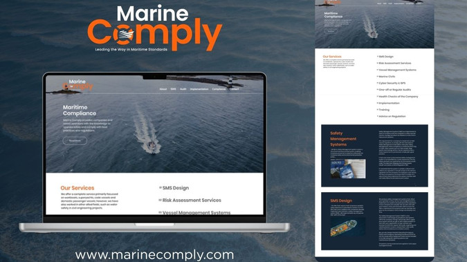 Marine Comply: A professional website built for Marine Comply, a consultancy specialising in maritime safety, compliance, and management systems. The site presents a clear and authoritative design, showcasing their wide range of services from SMS design and risk assessments to training and regulatory advice. With a streamlined layout, bold use of brand colours, and easy-to-navigate service sections, the website reflects trust, expertise, and industry leadership—helping clients quickly find the compliance solutions they need.