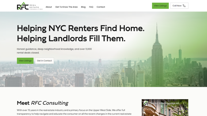 RFC Consulting: Created a brand guide and custom Wix Studio website to accompany the launch of the company, which is a premier apartment rental agency in New York City.
