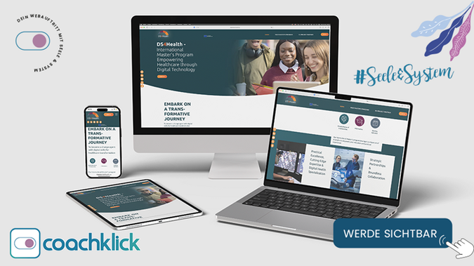 Ds4health: Design für Bildung, die die Welt besser macht

Für DS4Health habe ich das komplette Webdesign entwickelt und die Website technisch aufgebaut. DS4Health ist ein internationales Bildungsprojekt im Bereich Digital Health und stärkt Menschen, die im Gesundheitswesen arbeiten. Auch wenn es keine Coaching- oder Therapieseite ist, berührt mich das Thema Bildung sehr, denn es verändert Leben und verbessert die Welt Schritt für Schritt. Genau deshalb habe ich dieses Projekt mit ganzem Herzen angenommen.

Mein Ansatz
Ich wollte einen digitalen Raum schaffen, der die Werte von DS4Health sichtbar macht: Innovation, Klarheit, Professionalität und Impact. Gleichzeitig sollte die Seite verständlich, zugänglich und einladend sein. Menschen suchen Orientierung, Sicherheit und eine klare Benutzerführung, auch im Bildungsbereich.
Ich habe darauf geachtet, komplexe Inhalte so aufzubereiten, dass sie leicht zu erfassen sind und Vertrauen aufbauen.

Was ich umgesetzt habe

1. Komplette Gestaltung des Designs
Ich habe das gesamte Look-and-Feel der Website entwickelt. Klare Linien, moderne Typografie und eine ruhige, professionelle Farbwelt, die sowohl akademisch als auch menschlich wirkt.

2. Struktur und Aufbau der Inhalte
Die Informationsarchitektur wurde so gestaltet, dass Besucherinnen und Besucher sofort verstehen, worum es geht, welchen Mehrwert das Programm bietet und wie sie teilnehmen können.

3. Technischer Aufbau und Umsetzung der Website
Ich habe die Seite stabil, übersichtlich und pflegeleicht umgesetzt, sodass sie für internationale Zielgruppen gut funktioniert und leicht erweiterbar ist.

4. Nutzerführung, die Orientierung schenkt
Die Seite führt Interessierte sicher durch alle Inhalte – vom Kennenlernen des Programms bis zur gezielten Information über Module, Partner und Bewerbungsprozesse.

Das Ergebnis:

Eine Website, die
modern und professionell wirkt

komplexe Inhalte verständlich macht

internationale Interessierte klar abholt

Vertrauen, Kompetenz und Offenheit vermittelt

und das Ziel des Projekts sichtbar macht: Wissen stärken, Menschen stärken und damit das Gesundheitswesen weiterentwickeln

Dieses Projekt zeigt, dass Coachklick nicht nur für Coaches und Therapeutinnen arbeitet, sondern auch für Initiativen, die Menschen unterstützen, stärken und weiterbilden.
Genau solche Projekte liegen mir am Herzen, weil sie die Welt ein Stückchen besser machen.
