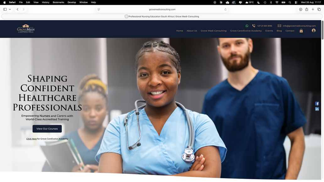 Grove Medi-Consulting: Konix Labs partnered with Grove Medi-Consulting to create a professional digital platform for its healthcare education and training services in South Africa. The project included the design and development of a modern, user-friendly website, strategic content development, service and course structuring, mobile optimisation, and SEO-focused implementation.

The website was developed to clearly position Grove Medi-Consulting’s professional nursing and midwifery education alongside the Grove CarerEvolve Academy’s accredited carer training programmes. Konix Labs structured the digital experience to make training information easy to navigate, strengthen the organisation’s professional credibility, and provide a scalable platform for course enquiries, enrolments, events, educational content and future growth.