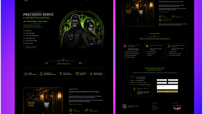 Precision Serve & Investigations: I designed and developed a high-converting website for Precision Serve & Investigations with a focus on clear messaging, strong trust signals, and optimized user flow. The goal was to present their investigation and service offerings in a professional and credible way while improving lead generation through strategic call-to-action placement. I implemented a clean, responsive layout, structured content for better readability, and ensured performance optimization across all devices. The final result is a conversion-focused website that enhances brand authority and supports client acquisition.