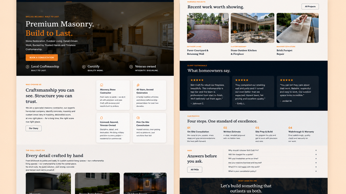 Skill Craft Fix - Premium Masonry Website Redesign: Skill Craft Fix - Premium Masonry Website Redesign

Skill Craft Fix needed a stronger digital presence that reflected the quality of its craftsmanship and positioned the company as a premium residential masonry specialist in Long Island, NY, rather than a general handyman business.

I redesigned the website with a new premium visual direction, clearer service positioning, improved user experience and conversion flow, and a stronger focus on showcasing completed masonry projects. I also structured the site with Long Island-focused local SEO in mind and developed the concept for a professional homepage introduction video to strengthen the brand’s first impression.

Services: Wix Website Design & Redesign · Brand Positioning · UX/UI · Local SEO · Conversion Optimization · Video Direction
