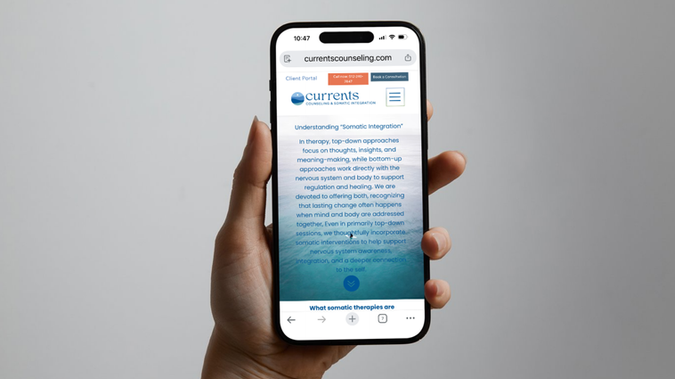 Currents Counseling: Currents Counseling – Therapist Website

Currents Counseling, a therapy practice in Austin, Texas, needed a professional website that clearly reflected the therapist’s vision and services. Bare Bones Marketing designed and launched a custom site on a tight timeline, ensuring a smooth and seamless launch.

The result is a calm, welcoming website that helps the practice connect with new clients and communicate its approach to counseling.