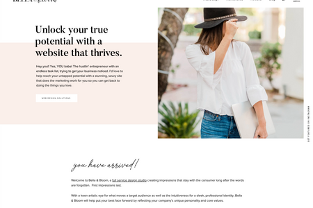 Bella and Bloom Design Studio: Custom WIX web design showcasing features such as parallax scrolling, strips with columns, animations, custom fonts, and more.