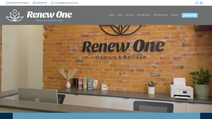 Renew One: Renew One was a new health hub opening in regional Victoria, with a strong focus on wellness, recovery and creating a calming experience for clients from the moment they landed on the website. The brand colours were already established and were incredibly fun to work with, helping shape a fresh and welcoming visual direction across the site.

For this project, I also stepped into a creative direction role, recommending professional photos and video content to help elevate the overall look and feel of the brand. By combining strong visuals with thoughtful website design, the goal was to create an online presence that felt polished, aligned and reflective of the in-person experience Renew One offers.