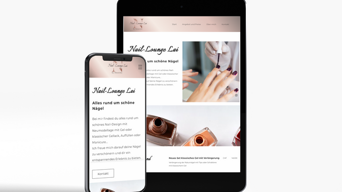 Nail-Lounge Lai: Erstellung der Webseite für die Nail-Lounge Lai, inklusive passendem Logo, Visitenkarten und Flyern. Das Nagelstudio wird professionell und stilvoll online präsentiert, ergänzt durch ein harmonisches Designkonzept für die Marketingmaterialien.