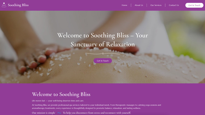 Soothing Bliss: Project Overview:

For Soothing Bliss, the website design was strategically structured to reflect the flow of a real wellness journey — from awareness to relaxation to booking. Instead of creating a generic spa layout, the design was built around the core services: yoga practice, guided meditation, and therapeutic massage sessions.

The homepage is designed to immediately create a sense of calm through soft earth tones, natural imagery, and balanced white space. The hero section introduces the studio’s philosophy, followed by clearly defined service blocks for Yoga, Meditation, and Massage Therapy. Each
section is visually separated yet connected through a smooth scrolling experience, allowing visitors to emotionally engage with the services before reading detailed descriptions.

The Services page is intentionally structured to mirror the experience of attending a session. Yoga services are presented with serene imagery and clear explanations of session types and benefits. Meditation offerings are positioned in a distraction-free layout with minimal visual noise to reinforce mindfulness. Massage therapy sections use warm visuals and descriptive content blocks to communicate relaxation and therapeutic value. Clear call-to-action buttons are placed strategically after each service to encourage bookings without interrupting the browsingexperience. 

Navigation is kept simple and intuitive, ensuring visitors can move effortlessly between Home, Services, Membership, Blog, and Contact pages. The Contact page is designed for quick accessibility, featuring a streamlined inquiry form, location details, and booking prompts to
reduce friction in taking the next step.

The overall design allows users to experience the calmness of Soothing Bliss visually before they even step into the studio. Every design choice — from typography to spacing to imagery placement — supports the brand’s focus on balance, healing, and mindful living.