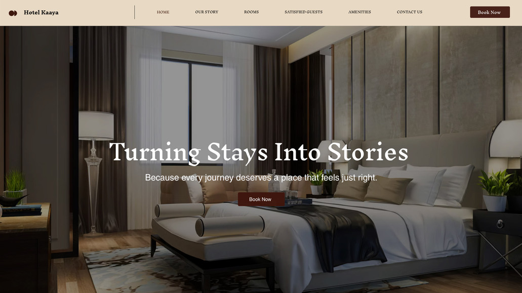 Hotel Kaaya: Project Overview:

Socialfly Services designed the website for Hotel Kaaya with a focus on conveying hospitality, comfort, and a premium guest experience. The overall visual style combines warm tones, elegant typography, and spacious layouts to create an inviting online presence that aligns with the hotel’s luxury positioning.

The homepage highlights key offerings like rooms, amenities, and guest experiences using high-quality imagery and strategically placed design elements that draw attention without overwhelming the viewer. Clear navigation and intuitive section flow allow visitors to explore services and facilities seamlessly.

Special attention was given to service presentation and booking pathways, ensuring that important information is easy to find and visually engaging. The layout balances visual richness with functional clarity, making potential guests feel welcomed and informed.

The final design delivers a sophisticated, hospitality-oriented website that enhances Hotel Kaaya’s brand identity and provides an appealing digital experience for visitors planning their stay.