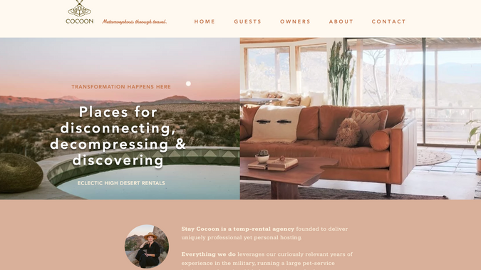 Coccoon - High Desert Rentals: A short-term Airbnb-like rental website. Developed for a super-host in the California desert. Includes featured properties, storytelling, property listings gallery, a local visitors guide, and dynamic engagement elements.