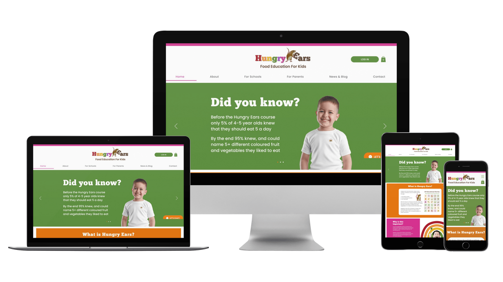 Hungry Ears: Advanced website created for new startup education business that targets primary schools to deliver child friendy food education with online courses using Wix Programs.