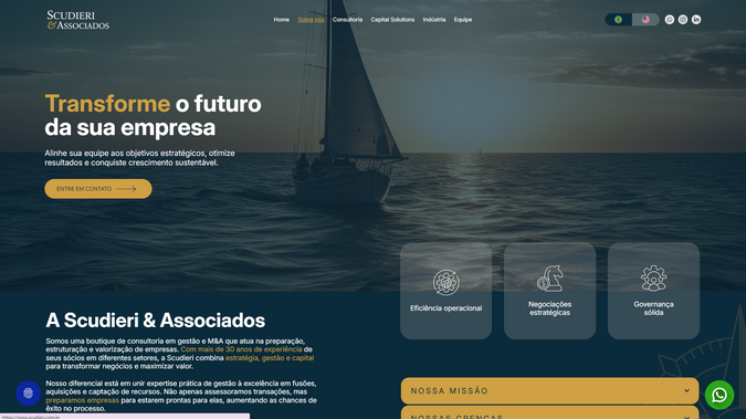 Scudieri&Associados: A aktiweb desenvolveu o site da Scudieri&Associados. O projeto exigiu organizar um portfólio extenso de serviços em uma navegação clara e sofisticada, transmitindo autoridade e credibilidade para um público executivo de alto nível.
