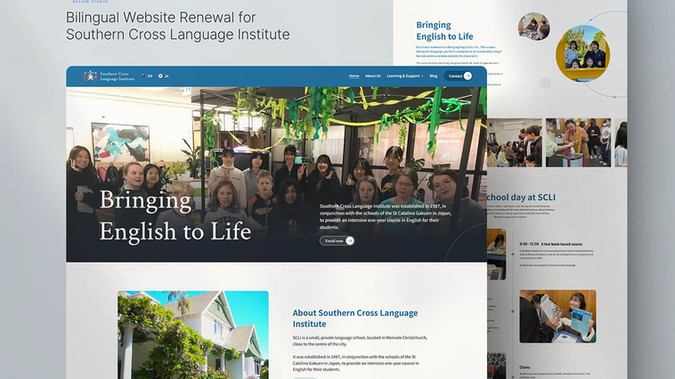 Southern Cross Language Institute: ●Role
* Responsive Website Design (Wix Studio)
* Information Architecture & Sitemap Strategy
* Bilingual Website Design (English & Japanese)
* Rive Micro-animation Design
* Website Graphic & Illustration Design
* Video Editing & Training Materials
* Client Resource Kit & Documentation

●Challenge

SCLI's previous website was built on WordPress, which made ongoing content updates and maintenance difficult for the client's internal team.

The goal of the redesign was to create a website that would be easier for users to navigate, support both English and Japanese audiences, and allow the client to manage and update content independently after launch.

●Solution

I redesigned and rebuilt the website in Wix Studio, creating a fully responsive experience across desktop, tablet, and mobile devices.

The project began with a review of the existing sitemap and content structure. I reorganized the information architecture and simplified numerous pages into four primary navigation categories and a contact page, creating a clearer and more systematic user journey.

To enrich the browsing experience, I incorporated lightweight micro-animations using Rive alongside Wix Studio's native animation features. These interactions add visual interest while maintaining fast loading performance and accessibility.

I also designed a complete set of custom illustrations using the school's brand colours. As the client had a large library of photography, the visual design was carefully structured to communicate the school's learning environment, culture, and student experience to prospective students and parents.

●Client Enablement

A key objective of the project was to ensure the client could confidently manage the website after handover.

To support this, I provided a comprehensive resource kit that included approximately 30 pages of documentation and recorded training videos. This enabled a team with no prior Wix experience to independently update and maintain the website after launch.

●担当範囲
・Wix Studioによるレスポンシブサイトデザイン
・サイトマップ提案・情報設計（IA）
・英語・日本語の多言語サイト設計
・Riveを活用したマイクロアニメーション制作
・サイト内グラフィック・イラスト制作
・動画編集およびトレーニングコンテンツ制作
・リソースキット・運用マニュアル作成

●課題
SCLIの既存サイトはWordPressで構築されており、クライアント自身による更新や運用が難しい状況でした。

また、情報が複数のページに分散していたため、ユーザーが必要な情報へアクセスしやすい構造への改善と、英語・日本語の両言語に対応した多言語サイトへのリニューアルが求められていました。

●解決策
Wix Studioを使用し、デスクトップ・タブレット・モバイルに対応したレスポンシブサイトへリニューアルしました。

まず既存サイトのサイトマップと情報構造を見直し、コンテンツを整理。複数に分かれていたページを、4つの主要メニューとお問い合わせページへ再構成し、ユーザーが目的の情報へたどり着きやすい体系的な情報設計を行いました。

また、Riveによる軽量なマイクロアニメーションとWix Studioのアニメーション機能を組み合わせることで、サイト閲覧そのものが楽しく、より豊かなユーザー体験となるよう設計しています。

サイト内で使用しているイラストもすべて新たに制作し、SCLIのブランドカラーを反映しました。クライアントが保有していた豊富な写真素材を活かしながら、学生や保護者に学校の雰囲気や学習環境が伝わるデザインを目指しました。


●クライアント運用支援
本プロジェクトでは、納品後もクライアント自身で運用を継続できることを重要な要件としていました。

そのため、約30ページにわたる運用マニュアルと録画トレーニング動画を含むリソースキットを提供しました。これにより、Wixを初めて利用するチームでも、納品後に自社でコンテンツ更新やサイト管理を行える環境を整えました。
