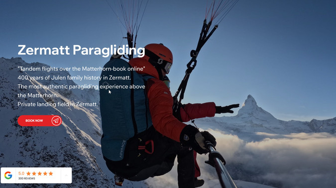 Zermatt Paragliding: A modern Wix Studio website for Zermatt Paragliding, built to highlight premium tandem paragliding experiences in the Swiss Alps with strong visuals, clear calls to action, and an optimized booking flow.