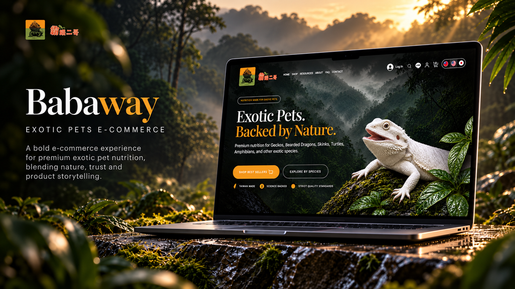 BABAWAY Exotic Pet Food: Premium multilingual eCommerce website designed and built in Wix Studio for BABAWAY, an exotic pet nutrition brand in Taiwan. The project includes a custom responsive design, Wix Stores, product and species-based navigation, CMS content, multilingual experiences in English, Traditional Chinese and Japanese, SEO optimization, and dedicated resources, FAQ and contact sections.