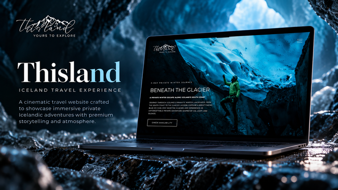 thisland: Premium travel and adventure website for Iceland, featuring a cinematic visual experience, immersive destination imagery, private tour presentation, responsive design and a streamlined user journey for international travelers.