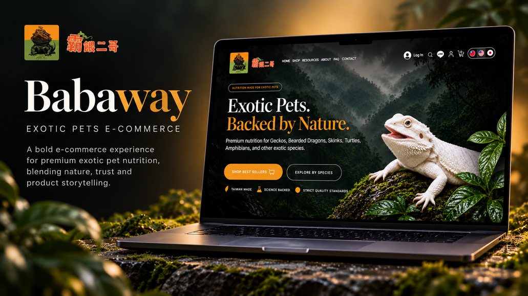 BABAWAY Exotic Pet Food: Premium multilingual eCommerce website designed and built in Wix Studio for BABAWAY, an exotic pet nutrition brand in Taiwan. The project includes a custom responsive design, Wix Stores, product and species-based navigation, CMS content, multilingual experiences in English, Traditional Chinese and Japanese, SEO optimization, and dedicated resources, FAQ and contact sections.