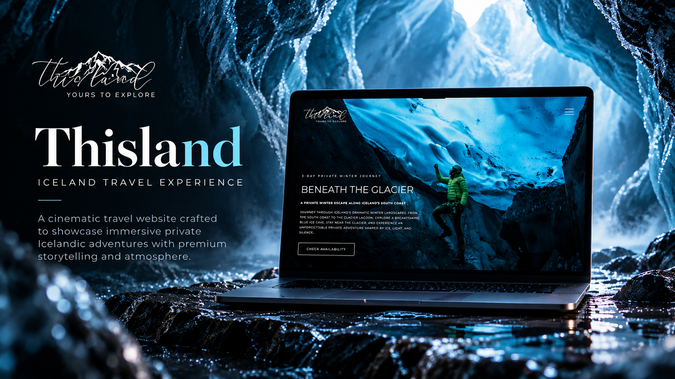 thisland: Premium travel and adventure website for Iceland, featuring a cinematic visual experience, immersive destination imagery, private tour presentation, responsive design and a streamlined user journey for international travelers.