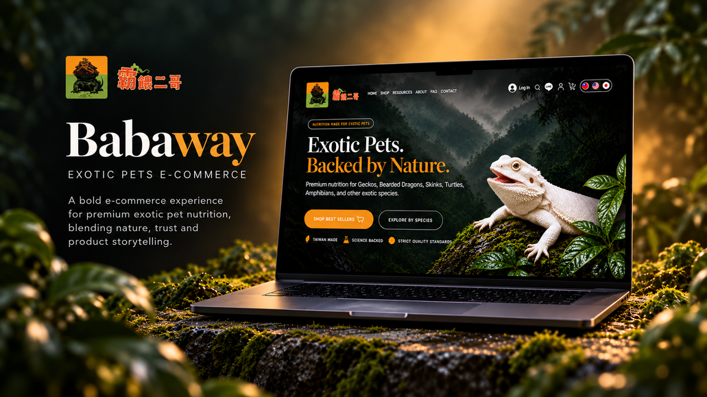 BABAWAY Exotic Pet Food: Premium multilingual eCommerce website designed and built in Wix Studio for BABAWAY, an exotic pet nutrition brand in Taiwan. The project includes a custom responsive design, Wix Stores, product and species-based navigation, CMS content, multilingual experiences in English, Traditional Chinese and Japanese, SEO optimization, and dedicated resources, FAQ and contact sections.