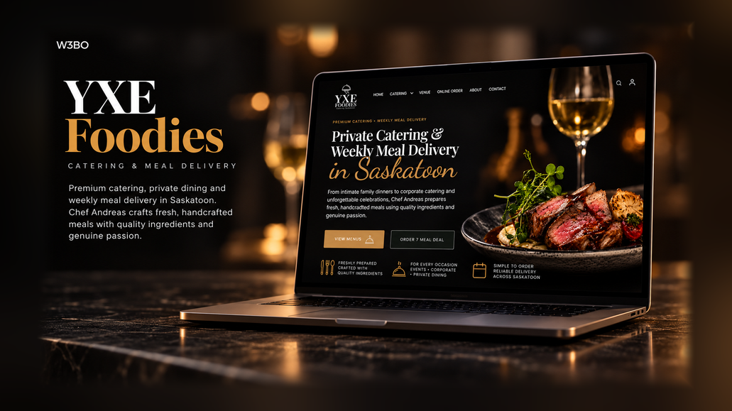 YXE Foodies: Premium Wix Studio website for a catering and events company, featuring an elegant dark visual experience, responsive design, catering and event services, online ordering, and local SEO optimization.