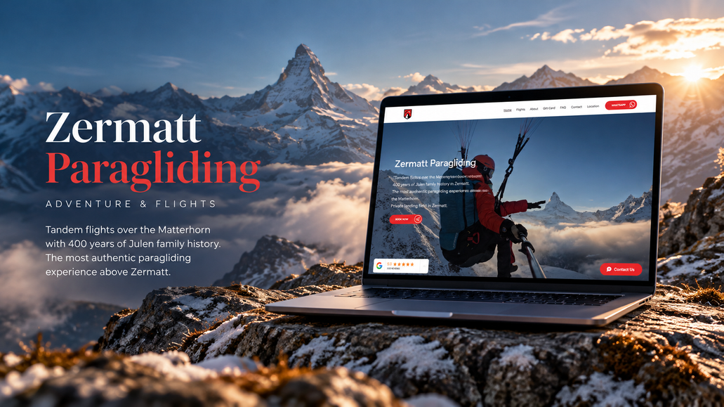Zermatt Paragliding: A modern Wix Studio website for Zermatt Paragliding, built to highlight premium tandem paragliding experiences in the Swiss Alps with strong visuals, clear calls to action, and an optimized booking flow.