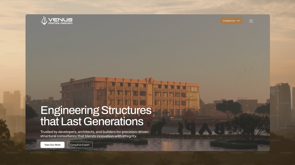Venus Structural Consultants: A structural and civil engineering consultancy website for Venus Structural Consultants, showcasing high-performance residential, commercial, and industrial projects backed by measurable metrics and client testimonials. The design emphasizes trust and technical authority through clear service segmentation, a streamlined “process” narrative, and prominent calls-to-action that guide developers, architects, and builders from discovery to consultation.