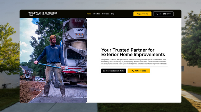 Dynamic Exteriors: Dynamic Exteriors is a local Atlanta home improvement and painting company website designed to drive quote requests and calls. It clearly showcases services—from custom decks to concrete driveways and exterior painting—supported by regional service area coverage and testimonial highlights. Prominent CTAs, trust metrics, and duplicated FAQs reinforce credibility and make it easy for homeowners to take action.