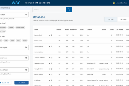 RecruitmentDashboard: They needed software to offer recruitment services to American Football coaches. We developed an entire web application with databases and Django AWS backend, advanced Velo programming functionalities, API connections, and more.