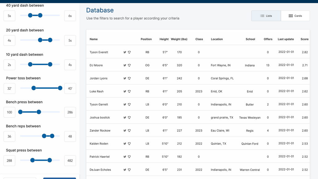 RecruitmentDashboard: They needed software to offer recruitment services to American Football coaches. We developed an entire web application with databases and Django AWS backend, advanced Velo programming functionalities, API connections, and more.