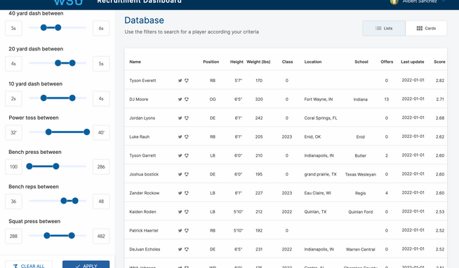 RecruitmentDashboard: They needed software to offer recruitment services to American Football coaches. We developed an entire web application with databases and Django AWS backend, advanced Velo programming functionalities, API connections, and more.