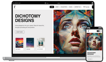 Dichotomy Designs: Dichotomy Designs is a US-based E-commerce company offering curated posters, artwork, and stylish clothing. The goal was to redesign their website, enhancing the visual identity and user experience to create an immersive online gallery where customers can easily explore and purchase unique items that reflect their tastes.